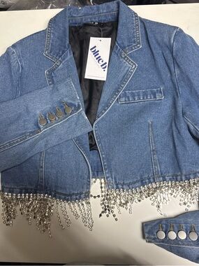 blue.b Embellished Cropped Denim Blazer - Light Blue